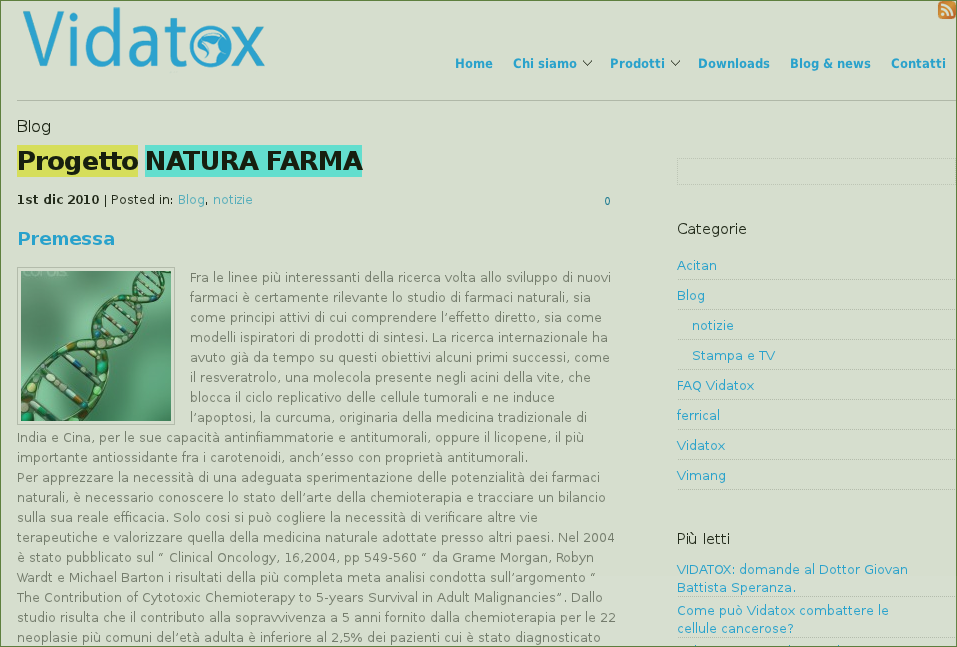 Pagina del progetto Natura Farma eliminata dal sito Vidatox.it . Clicca sull'immagine per visualizzarla